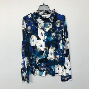 CALVIN KLEIN Blue Floral Print Ruffled Collar Size XL - Stretchy Soft Material